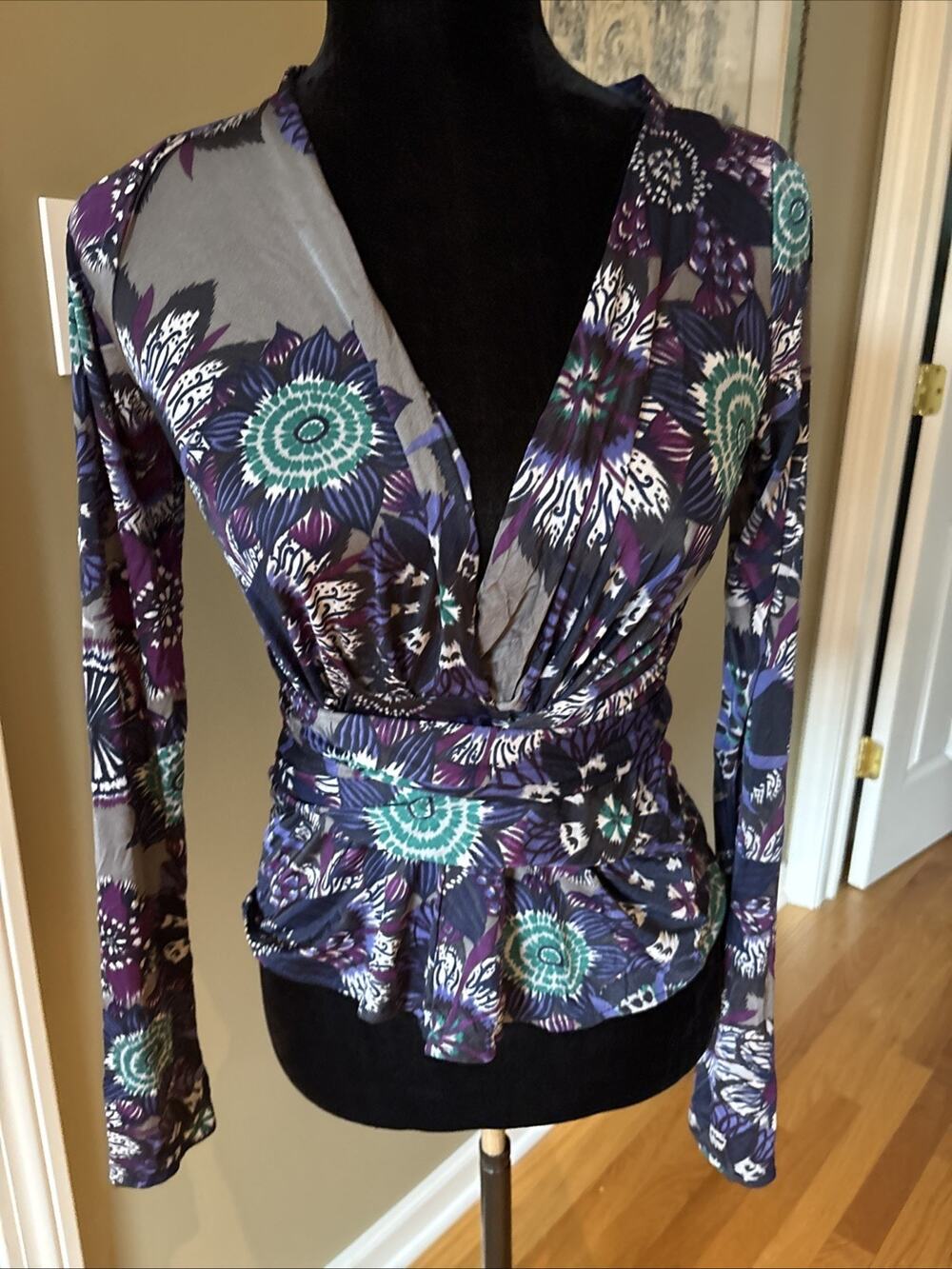 Atos Lombardini Italy Wrap Blouse Art Wear Y2K long slv purple blues sz M NEW